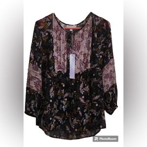 NWT Pale Sky Oversized Boho Peasant Purple/Black Floral Top